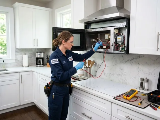 Appliance Repair Hero technician testing an over-the-range microwave in a Arvada, CO kitchen
